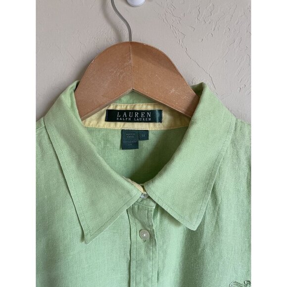 Lauren Ralph Lauren 1X Lime Green Embroidered Crest 3/4 Sleeve Button Up Collare - Picture 4 of 6